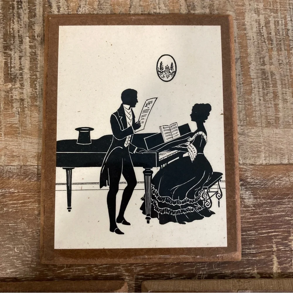 Vintage Set of 3 Victorian Revival Music Silhouette Prints - Black on Cream - Picture 4 of 16